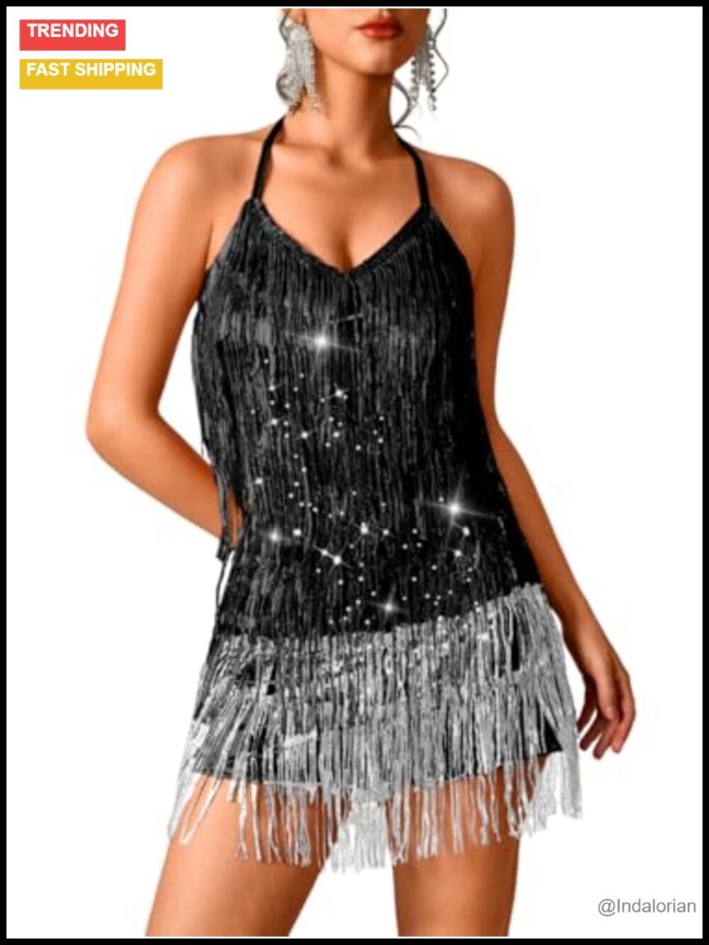 Sparkly Sequin Fringe Halter Romper Mini Dress